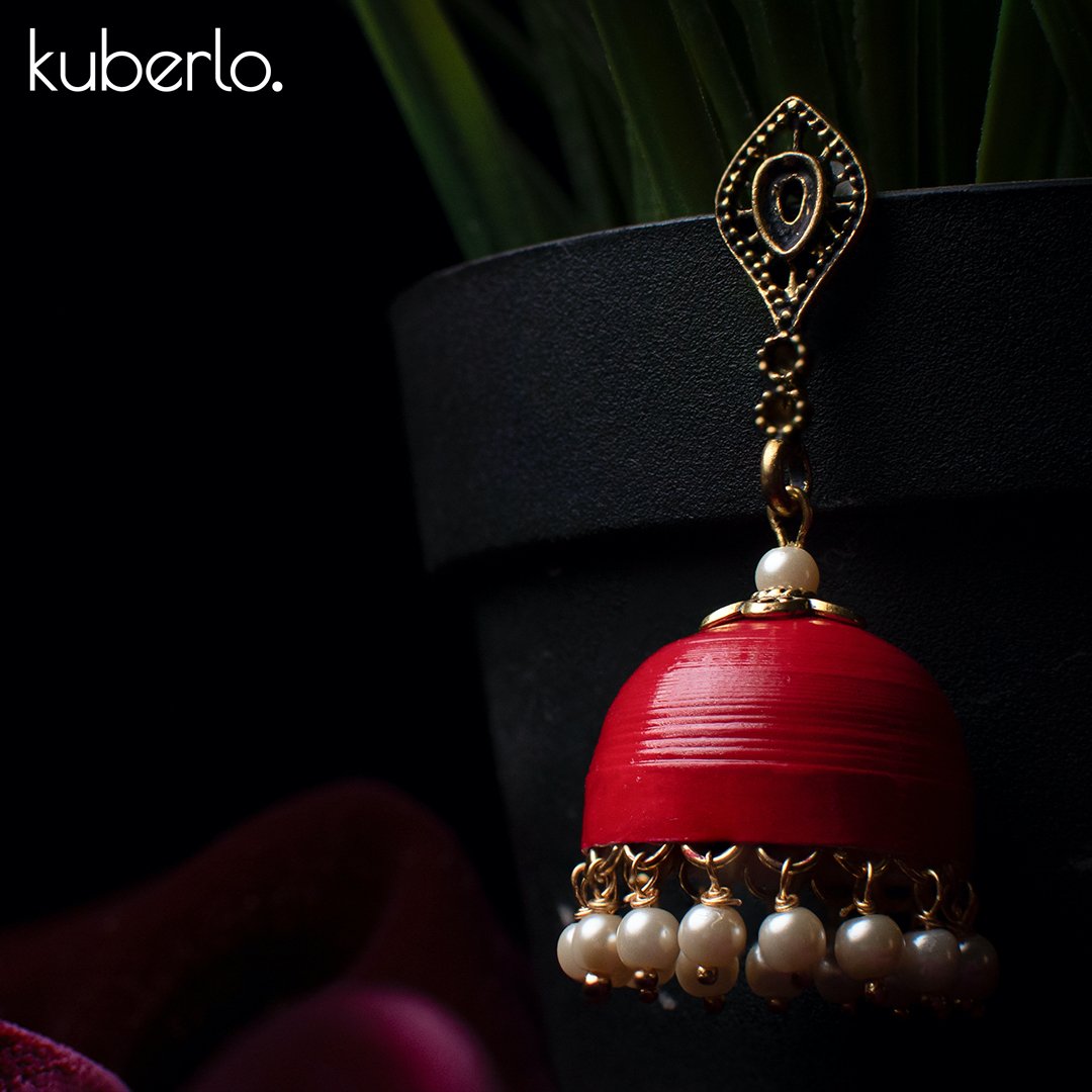 Hand Made Jhumka earrings - Red - Kuberlo - Best Gift for - Imitation Jewellery - Designer Jewellery - one gram gold - fashion jewellery