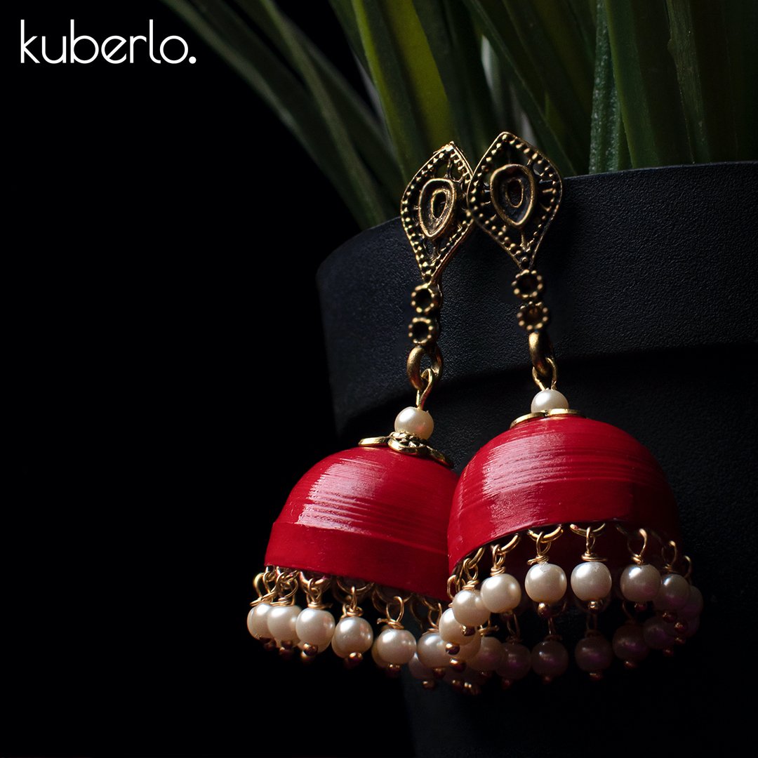 Hand Made Jhumka earrings - Red - Kuberlo - Best Gift for - Imitation Jewellery - Designer Jewellery - one gram gold - fashion jewellery