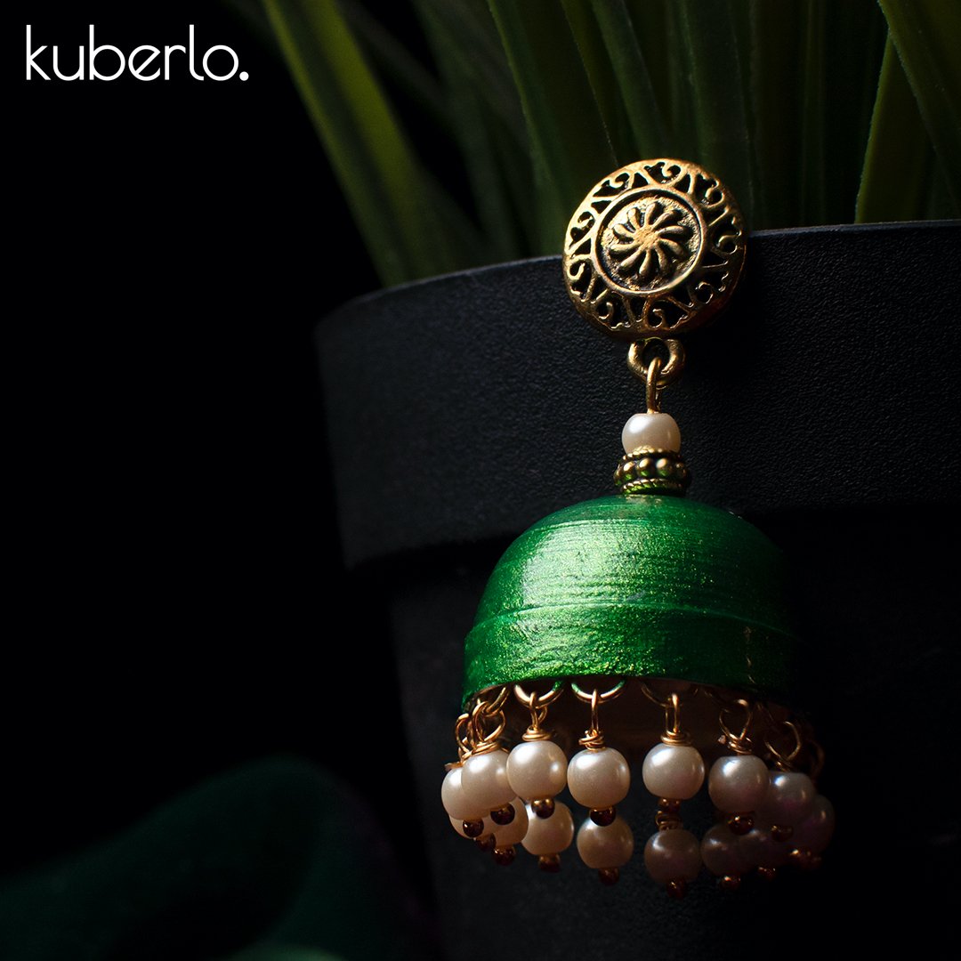 Hand Made Jhumka earrings - Green - Kuberlo - Best Gift for - Imitation Jewellery - Designer Jewellery - one gram gold - fashion jewellery