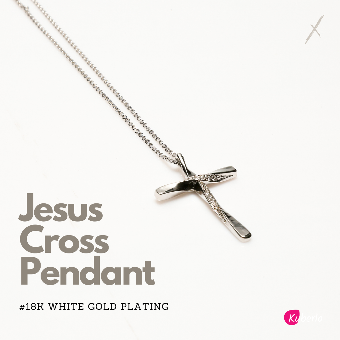 Jesus Cross Pendant (White Gold Plating, Crystals)